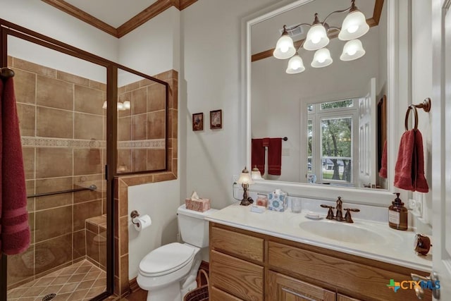 bathroom featuring ornamental molding, toilet, an enclosed shower, and vanity