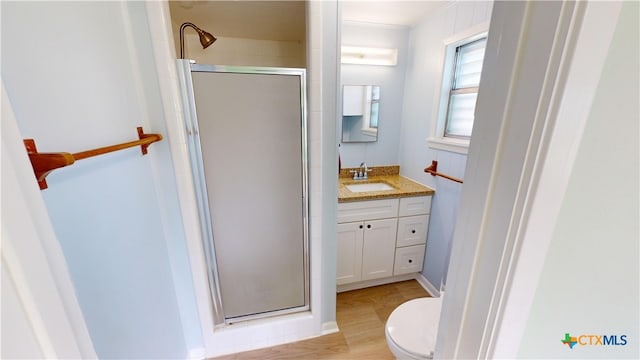 bathroom with walk in shower, vanity, toilet, and wood-type flooring