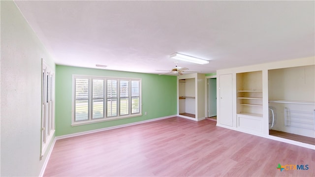 unfurnished bedroom with light wood-type flooring and ceiling fan