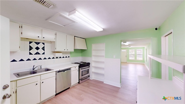 kitchen with stainless steel appliances, white cabinets, decorative backsplash, sink, and light wood-type flooring