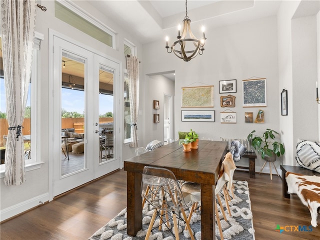 4508 River Rock Rd, Marion, TX 78124 - dining area with dark wood-style floors, a chandelier, french doors, baseboards, and a tray ceiling