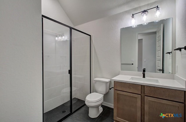 bathroom with toilet, vanity, vaulted ceiling, and walk in shower