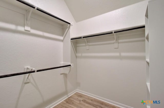 spacious closet featuring light hardwood / wood-style floors and lofted ceiling