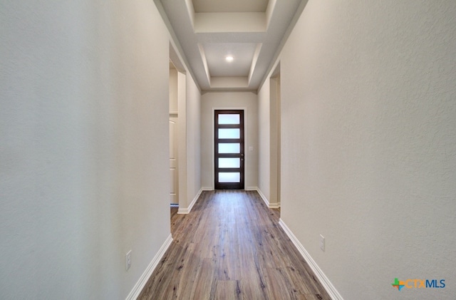 doorway featuring hardwood / wood-style flooring and a raised ceiling