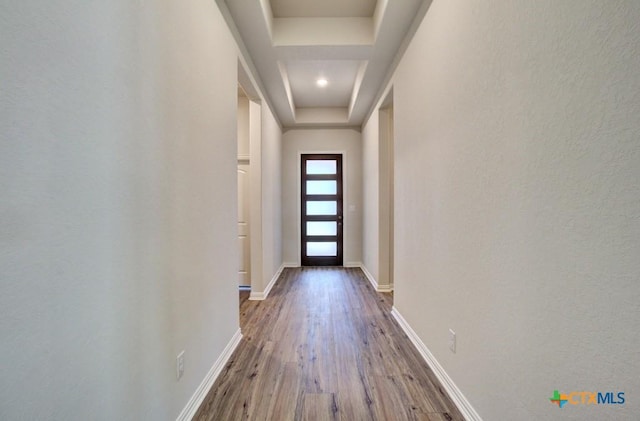 1416 Quarry Rock, New Braunfels, TX 78132 - doorway featuring wood finished floors, a tray ceiling, and baseboards