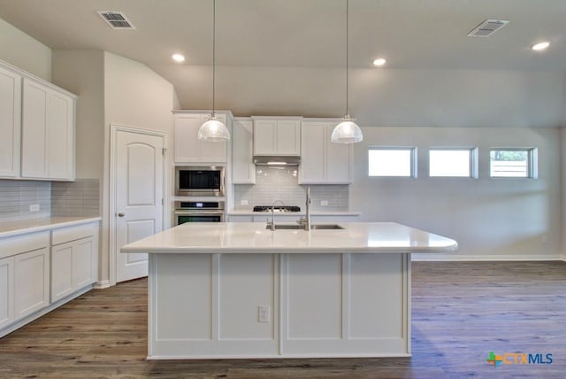 1416 Quarry Rock, New Braunfels, TX 78132 - kitchen with stainless steel appliances, a sink, dark wood-style floors, white cabinets, and an island with sink