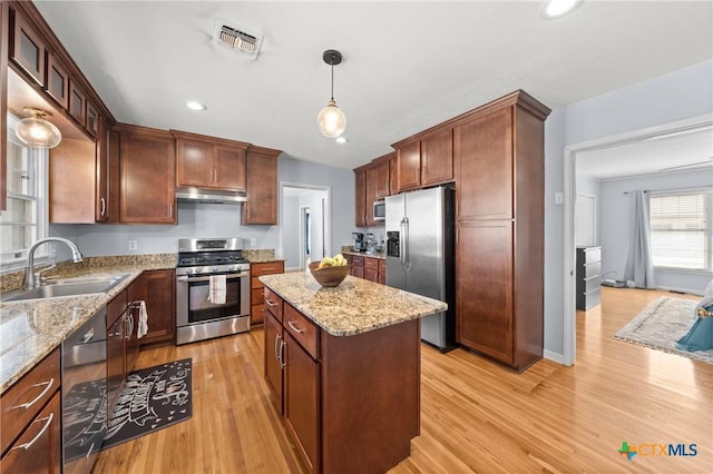 kitchen with visible vents, a kitchen island, appliances with stainless steel finishes, under cabinet range hood, and a sink