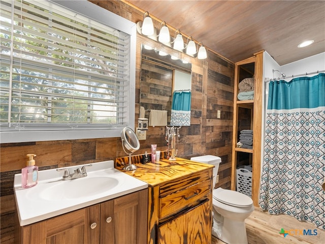 4386 Morningside Way, Canyon Lake, TX 78133 - full bathroom with wooden walls, vanity, wood ceiling, and curtained shower