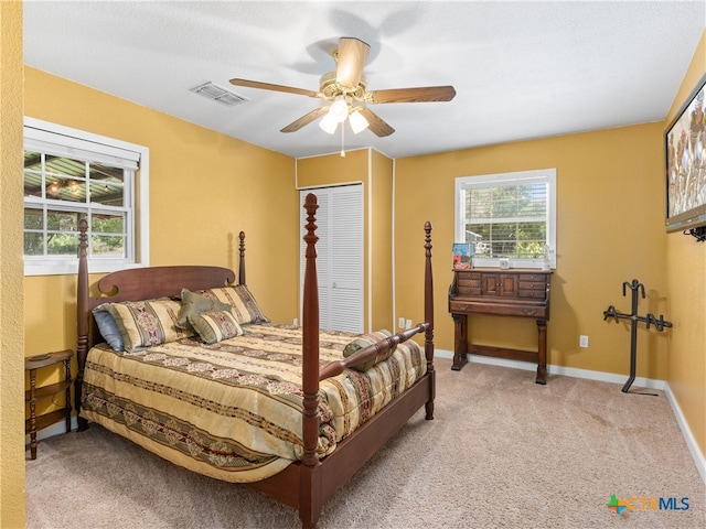 4386 Morningside Way, Canyon Lake, TX 78133 - bedroom featuring light colored carpet and ceiling fan