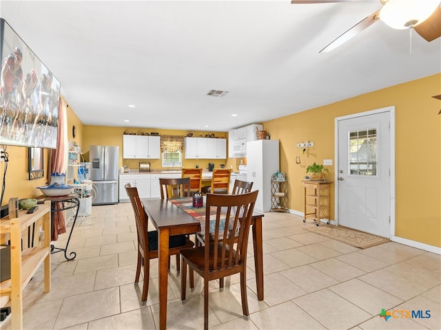 4386 Morningside Way, Canyon Lake, TX 78133 - dining area featuring light tile patterned floors, a ceiling fan, and recessed lighting