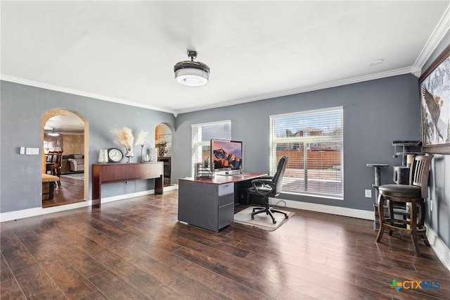 home office featuring crown molding and dark wood-type flooring