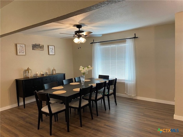 326 Riverview Rd, Mcqueeney, TX 78123 - dining area with dark wood-style floors, ceiling fan, baseboards, and a textured ceiling