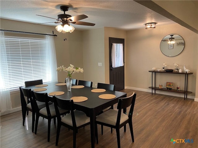 326 Riverview Rd, Mcqueeney, TX 78123 - dining space with a ceiling fan, baseboards, wood finished floors, and a textured ceiling