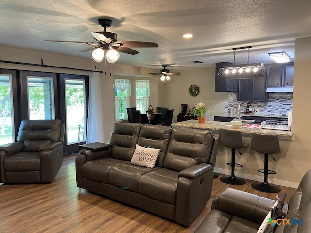 326 Riverview Rd, Mcqueeney, TX 78123 - living room with a textured ceiling, wood finished floors, and a ceiling fan