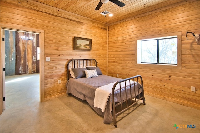 bedroom featuring wood walls, ceiling fan, and wood ceiling