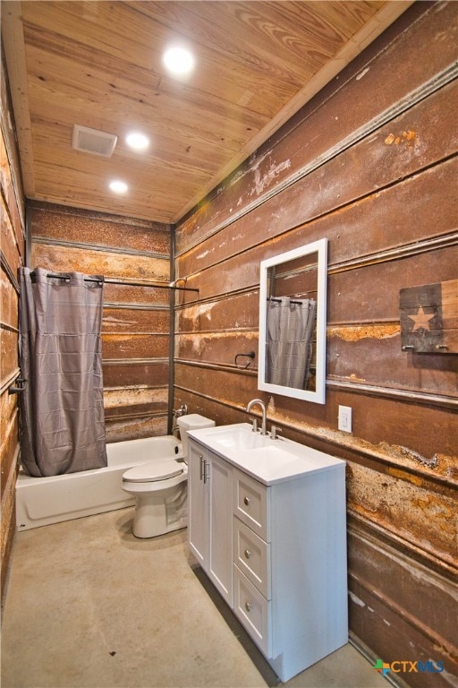 full bathroom featuring concrete flooring, shower / tub combo, vanity, and wooden ceiling