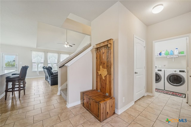 washroom with ceiling fan, separate washer and dryer, and light tile patterned floors