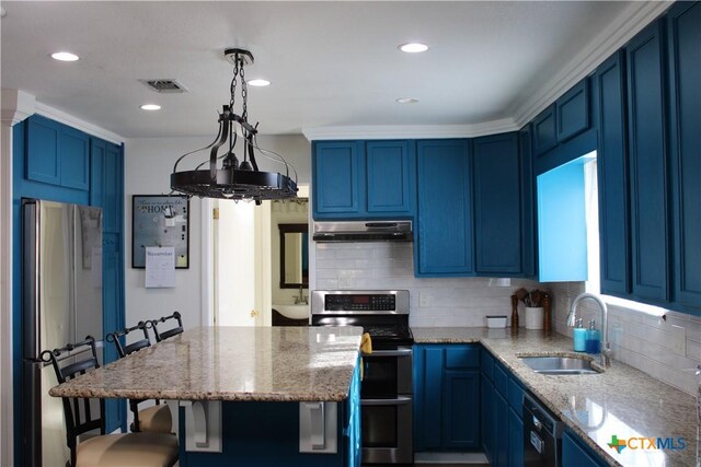 kitchen featuring blue cabinets, sink, light stone counters, and range