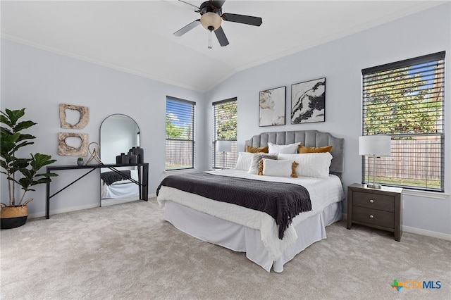 2129 Aaron Ross Way, Round Rock, TX 78665 - carpeted bedroom featuring ceiling fan, crown molding, vaulted ceiling, and baseboards