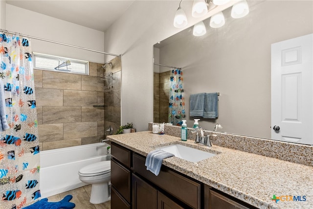 full bathroom featuring toilet, vanity, shower / bath combination with curtain, and tile patterned flooring