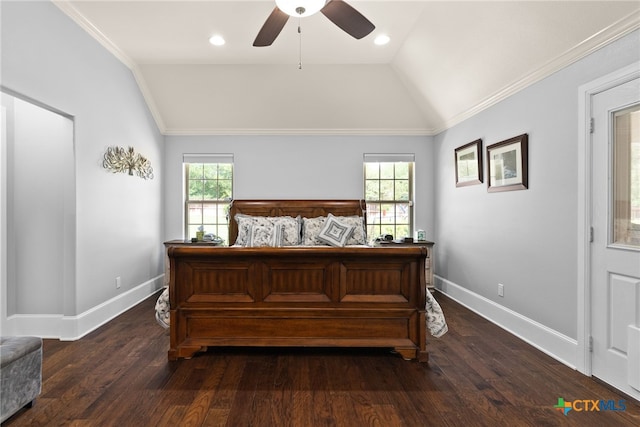 bedroom with dark wood-type flooring, multiple windows, lofted ceiling, and ceiling fan