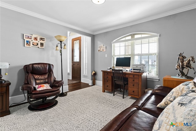 home office with hardwood / wood-style floors and crown molding