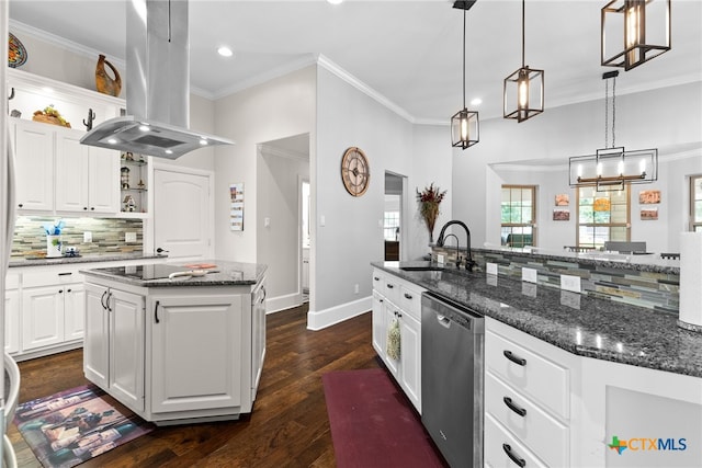 kitchen featuring dark hardwood / wood-style flooring, an island with sink, stainless steel dishwasher, island exhaust hood, and white cabinetry