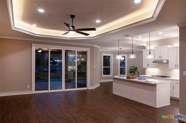 kitchen with a raised ceiling, hanging light fixtures, a kitchen island with sink, and white cabinets