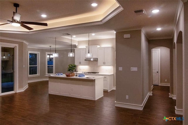 kitchen with a raised ceiling, hanging light fixtures, a center island with sink, and white cabinets