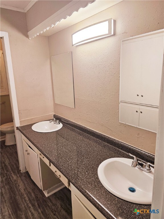 bathroom featuring hardwood / wood-style flooring, vanity, toilet, and crown molding