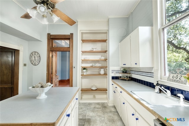 kitchen with white cabinets, sink, backsplash, and ornamental molding