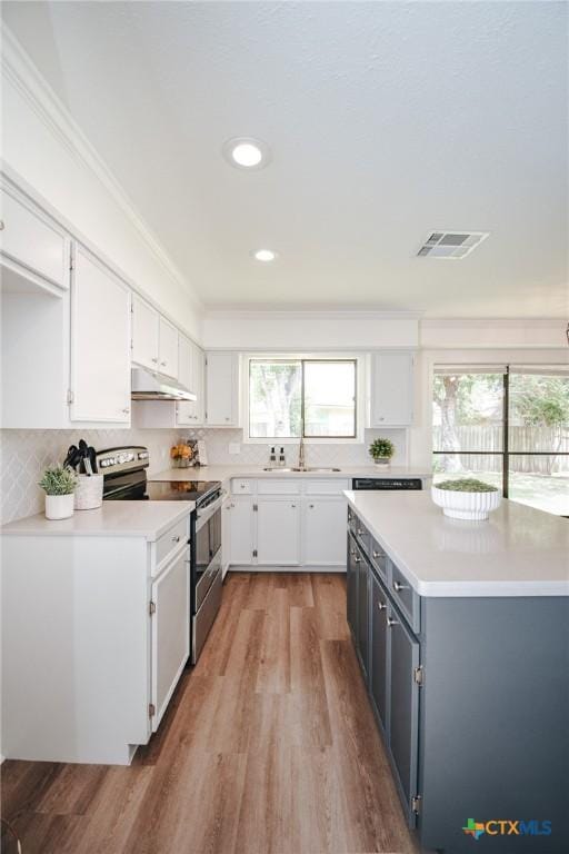 505 Bramble Bush Ln, Victoria, TX 77904 - kitchen featuring electric range, white cabinetry, light wood-type flooring, light countertops, and crown molding