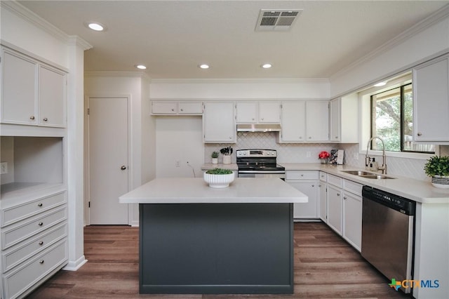 505 Bramble Bush Ln, Victoria, TX 77904 - kitchen with stainless steel appliances, ornamental molding, under cabinet range hood, dark wood-style flooring, and decorative backsplash