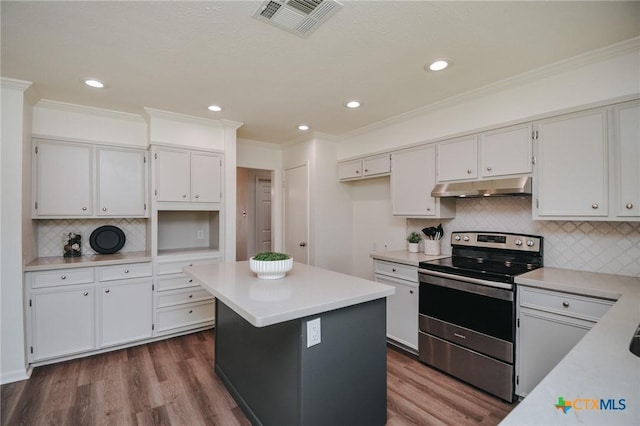 505 Bramble Bush Ln, Victoria, TX 77904 - kitchen featuring stainless steel range with electric cooktop, under cabinet range hood, decorative backsplash, dark wood-style flooring, and light countertops