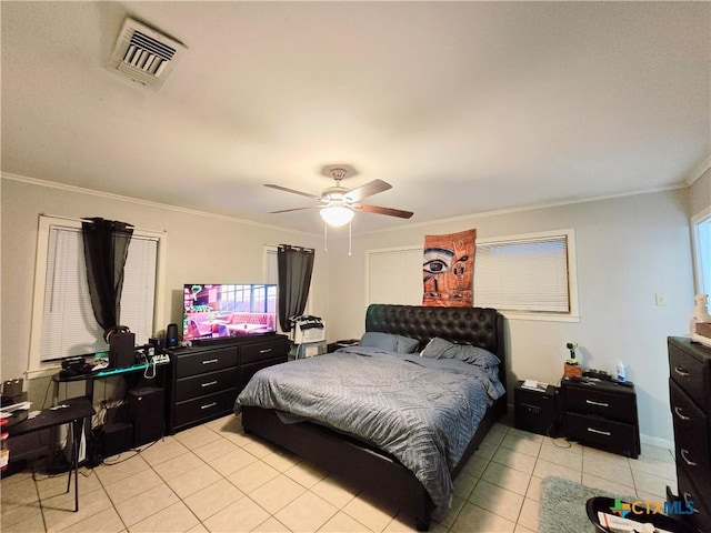 bedroom featuring light tile patterned flooring, ceiling fan, and ornamental molding