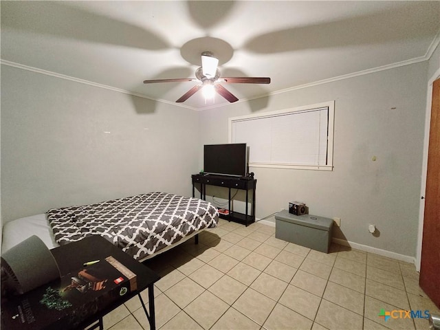 tiled bedroom with crown molding and ceiling fan