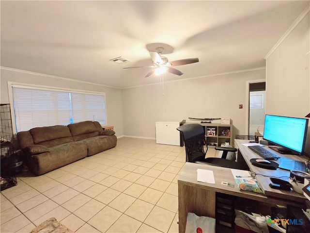 office space featuring ornamental molding, ceiling fan, and light tile patterned flooring