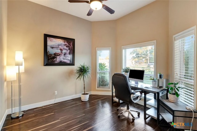 office area with baseboards, dark wood finished floors, and a ceiling fan