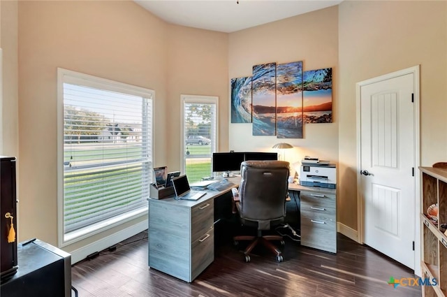 home office with dark wood finished floors