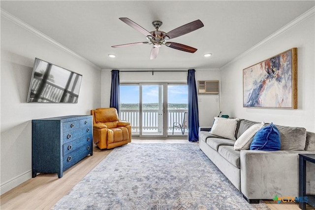 2 Cliffhouse Dr Unit 113, Belton, TX 76513 - living room with ornamental molding, light wood finished floors, a wall mounted air conditioner, ceiling fan, and recessed lighting