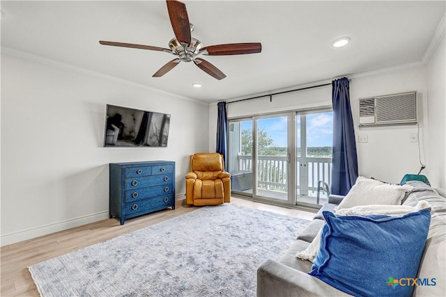 2 Cliffhouse Dr Unit 113, Belton, TX 76513 - bedroom featuring access to exterior, ornamental molding, wood finished floors, baseboards, and a wall unit AC