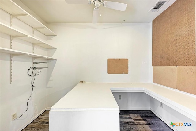 clothes washing area featuring dark wood-type flooring and ceiling fan