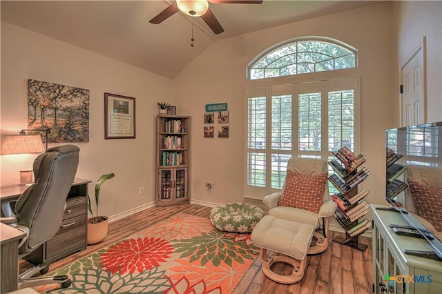 1521 Shadow Canyon Dr, Temple, TX 76502 - office featuring wood finished floors, ceiling fan, and vaulted ceiling