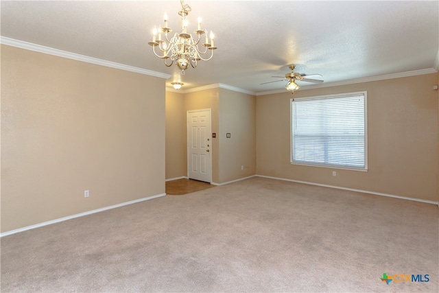 carpeted empty room featuring ceiling fan with notable chandelier, a textured ceiling, and crown molding