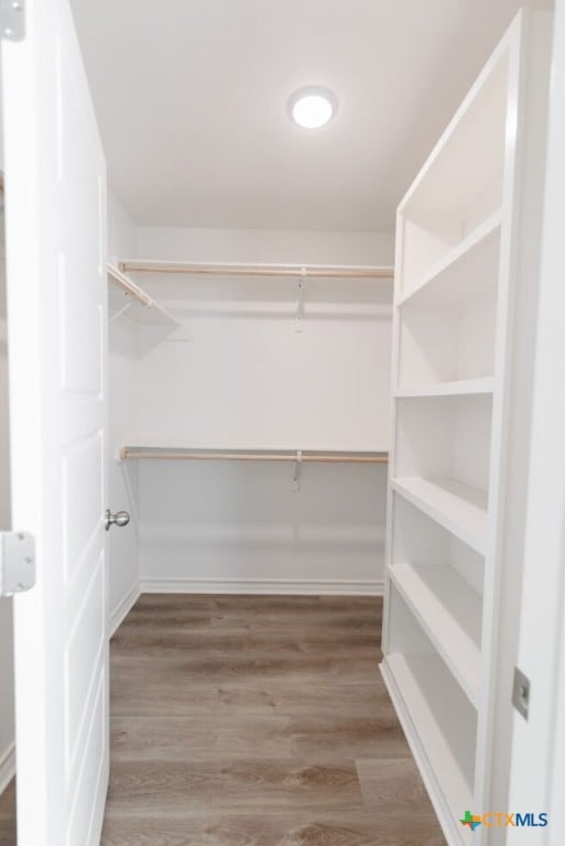 walk in closet with hardwood / wood-style floors