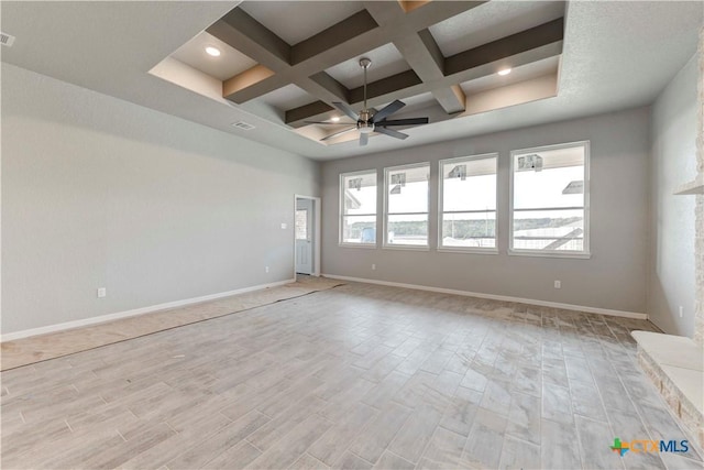 empty room with light wood-type flooring, baseboards, coffered ceiling, and beam ceiling