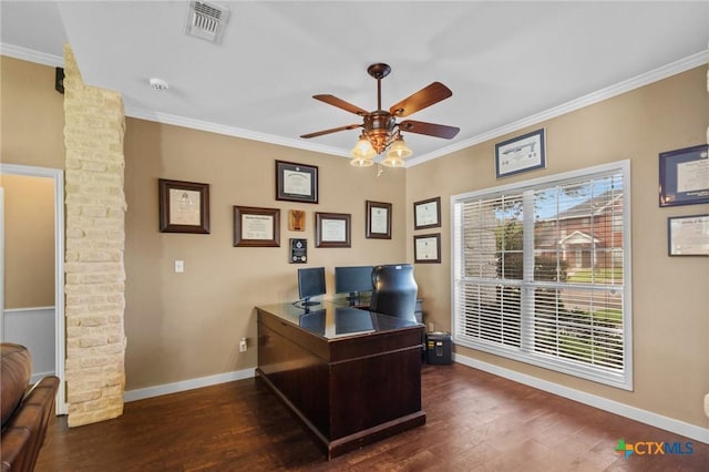 204 Crosswind Dr, Victoria, TX 77904 - office featuring ceiling fan, dark wood finished floors, ornamental molding, and decorative columns