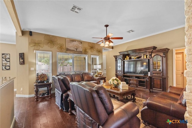 204 Crosswind Dr, Victoria, TX 77904 - living area featuring a ceiling fan, dark wood-style flooring, and ornamental molding