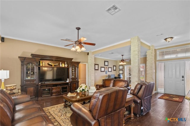 204 Crosswind Dr, Victoria, TX 77904 - living area featuring ceiling fan, dark wood-type flooring, crown molding, and healthy amount of natural light