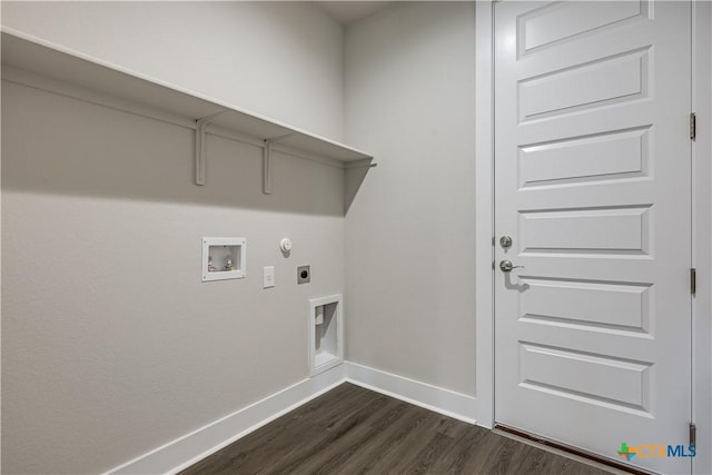 laundry room with washer hookup, dark wood-style floors, baseboards, hookup for an electric dryer, and laundry area